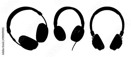 Headphones set with simple black silhouette against white background featuring headphones, audio, audio equipment with line art and graphic design