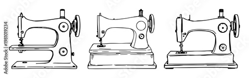 Sewing machine set with sketchy hand-drawn line art on white background featuring vintage, cast iron, sewing machine with illustration and design
