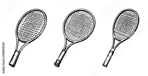 Tennis racket set with sketchy hand-drawn line art of a vintage wooden design featuring tennis rackets, sport equipment and vintage style with wood grain and white background