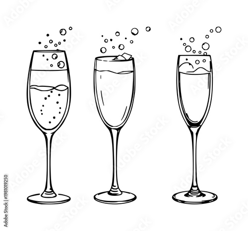 Champagne coupe set with sketchy line art and rising bubbles on white background featuring cocktail, celebration, beverage with sparkling glaze and effervescence