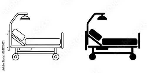 Minimal hospital bed icon set with patient silhouettes and medical stretcher