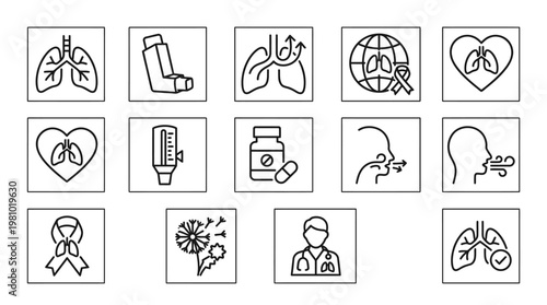 Respiratory Health Icons: A comprehensive set of line icons dedicated to respiratory health. Includes lung illustrations, inhalers, medicine, doctor, and awareness symbols.