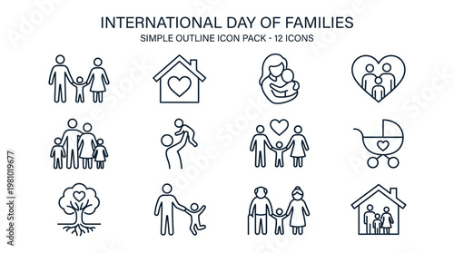 International Day of Families Icons: A collection of simple outline icons representing different family units and family-related concepts. Illustrating the diversity and love found within families. 