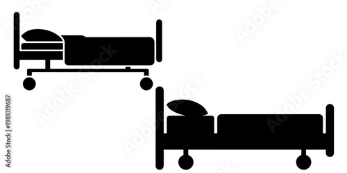 Minimal hospital bed icon set with patient silhouettes and medical stretcher