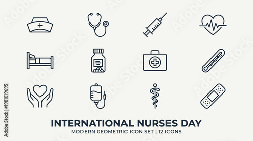Healthcare Icon Collection: A set of modern, geometric icons that represent various aspects of healthcare, suitable for use in medical and nursing-related designs.