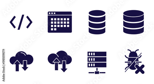 Professional set of technology and development vector icons illustrating modern software engineering and data concepts