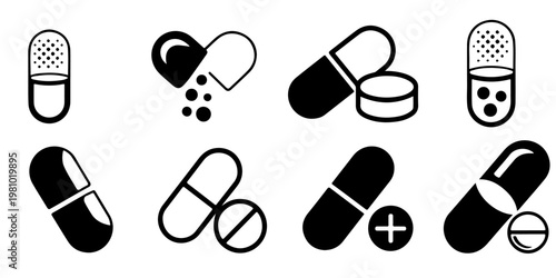 Assorted capsule and pill icons in solid and outline styles representing pharmaceutical medication, antibiotics, and healthcare treatment symbols