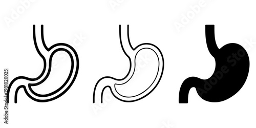 Human stomach anatomy icons with solid and outline variations illustrating digestive system, gastric health, and internal organ concepts for medical and educational use