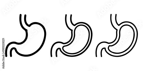 Human stomach anatomy icons with solid and outline variations illustrating digestive system, gastric health, and internal organ concepts for medical and educational use