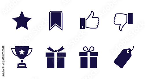 Modern user interface vector icon set featuring star, like, dislike, trophy, and gift elements
