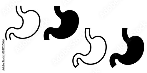 Human stomach anatomy icons with solid and outline variations illustrating digestive system, gastric health, and internal organ concepts for medical and educational use