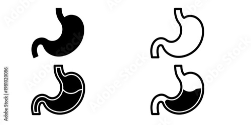 Human stomach anatomy icons with solid and outline variations illustrating digestive system, gastric health, and internal organ concepts for medical and educational use