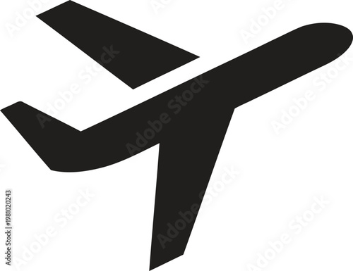 Airplane flying up into sky, simple minimal black icon for aviation and travel.