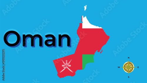Silhouette map of Oman with national flag colors and emblem on blue background.
