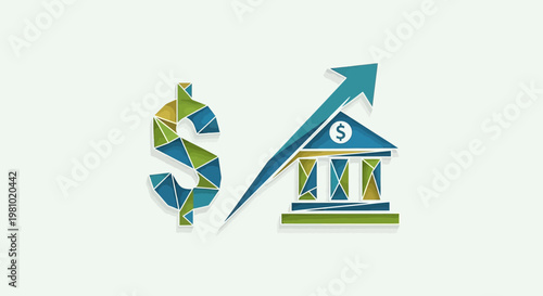 Financial Growth Concept Logo with Geometric Dollar Sign Bank Building and Upward Arrow on Light Background