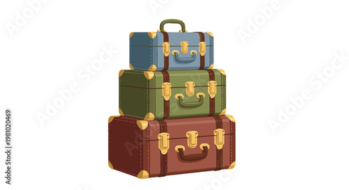 Three vintage suitcases in blue green and brown are stacked vertically featuring rich leather straps and polished golden metallic latches on a white space.