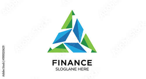 Abstract Geometric Triangle Finance Logo with Blue Green Fragments on isolated white background, Modern Financial Services Symbol