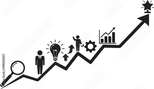 Black and white business growth chart with graph magnifying glass