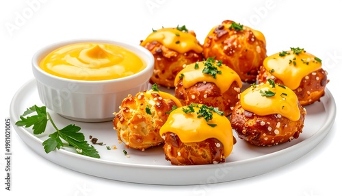A plate showcases baked bread bites topped with a melted, vibrant sauce and a small bowl of a creamy dip. Fresh herbs garnish the dish