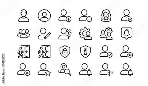 A set of modern line art icons depicting various user management and security concepts