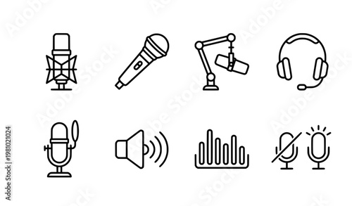A set of minimalist vector icons representing various audio equipment and symbols