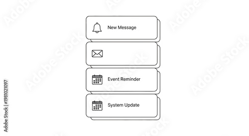 Notification icons, message alert symbols, system update, event reminder, new message