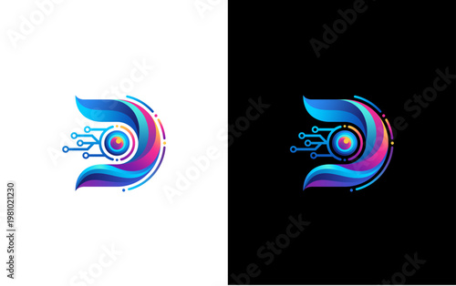 Abstract Technology Letter D Logo with Cyber Eye and Connection Lines