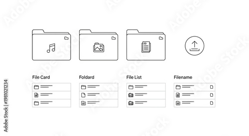 File organization icons, folder and file types, computer data storage, business productivity tools