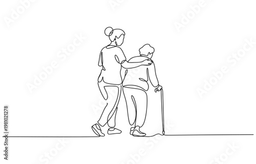 Caregiver supporting an elderly woman with a cane single line illustration home care line art old age helping hand human services caregiver assistance illustration activity lifestyle