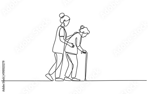 Young woman assists elderly person with cane walking one line drawing home care line art old age helping hand human services caregiver assistance illustration activity lifestyle movement
