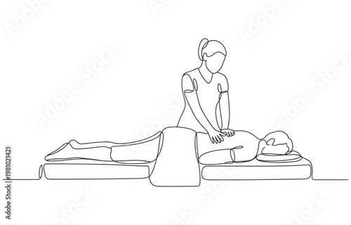 Line art illustration of massage therapy session on massage table with pain relief alternative medicine manual therapy lymphatic drainage sports deep tissue bodywork wellness treatment