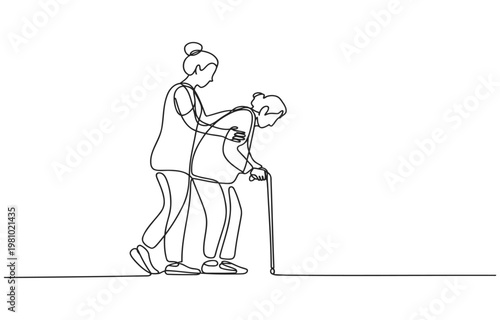 Elderly woman leaning on a cane assisted by a younger person one line style home care line art old age helping hand human services assistance caregiver illustration activity lifestyle