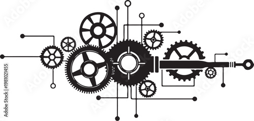 Black and white gear mechanism with cogs and rods gears
