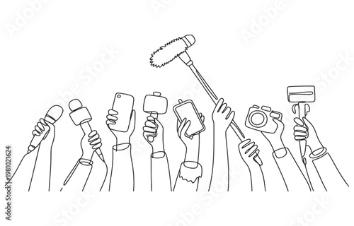 Vector illustration of hands holding various media devices for reporting with reporting microphone smartphone conference interview journalism communication illustration information technology