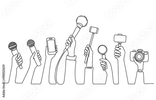 Hands holding microphones and smartphones at a press conference with public relations white background mobile phone microphone smartphone journalist reporting communication interview activism