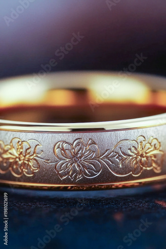 A single gold wedding ring sits atop a table, perfect for displaying or as a decorative accent. vertical frame
