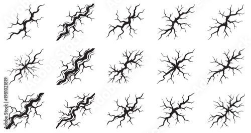 Frozen Lava Hybrid Crack Patterns Set, broken patterns jagged fissure. Editable Vector Stroke Illustration. featuring crack, vector, graphic, illustration, fissure, broken, shattered, damage more.