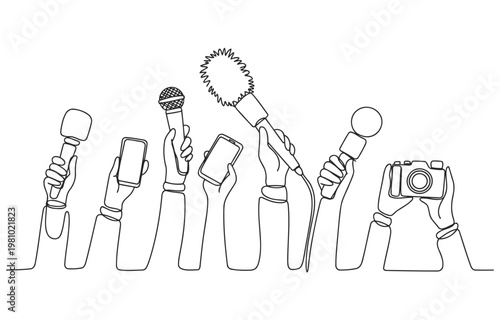 Collection of hands holding microphones and smartphones in support of media with white background microphones smartphones conference journalism reporting interview communication illustration