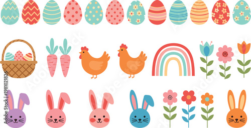 Easter Egg, Bunny, and Spring Elements Vector Set with Carrots, Flowers, and Hens for Holiday and Seasonal Illustrations