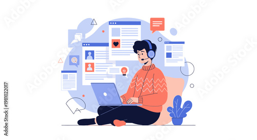 Young man with headphones working on laptop surrounded by social media and communication icons