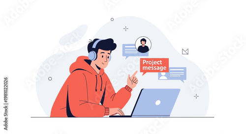 Young man with headphones working on laptop, project message notification
