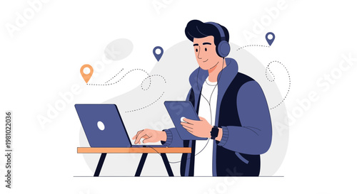 Young man with headphones working on laptop and tablet, location tracking concept