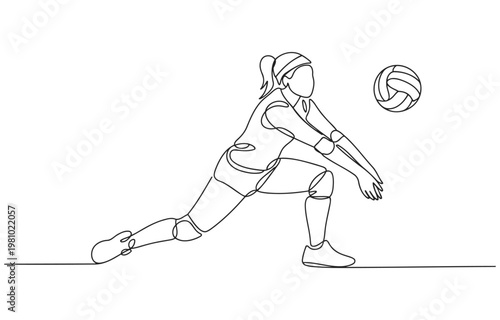 Fotografie Continuous line drawing of a female volleyball player in action with volleyball