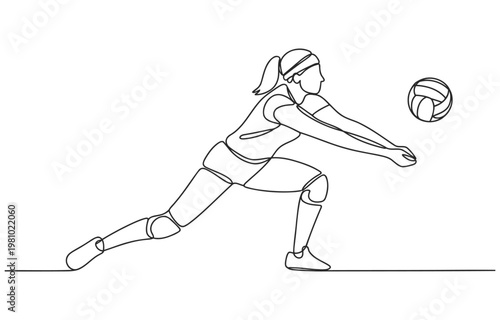 Single line drawing of a female volleyball player receiving a ball with volleyball athletic receiving illustration training competition recreation lifestyle reception championship tournament
