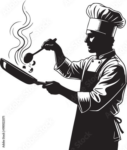 Black and white of a chef cooking with a frying pan and ladle