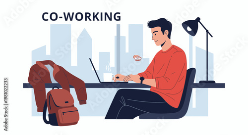 Young man working on laptop in co-working space with city skyline background