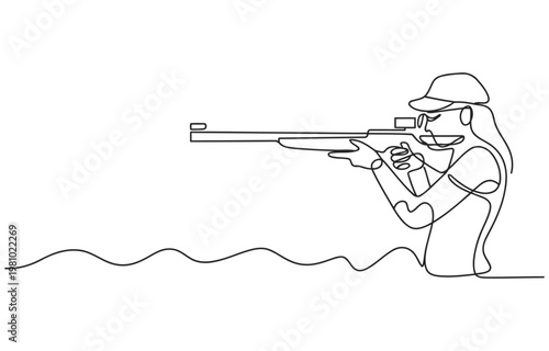 Woman aiming a rifle in a continuous line art style depicting shooting sport or marksmanship activity single line black white background shooting marksmanship illustration minimalist