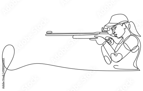 Woman aiming a rifle in a continuous line art style depicting shooting sport or marksmanship activity single line black white background shooting marksmanship illustration minimalist