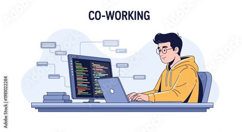 Young Man Working on Laptop in Co-working Space, Coding on Computer Screen