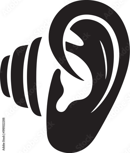 Black and white of a human ear with sound waves hearing